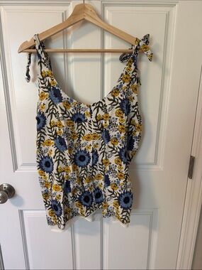 K Jordan Floral Tie-Shoulder Tank in Blue, Yellow & White